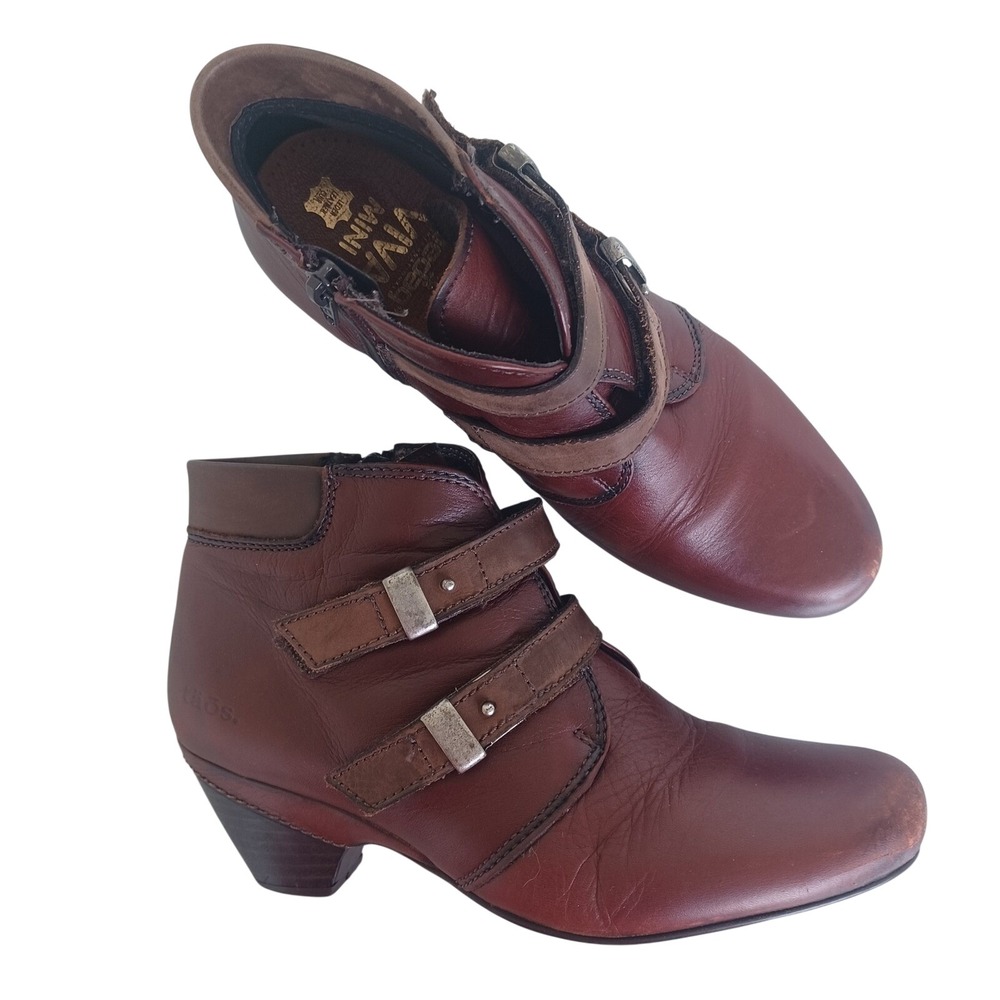 Taos Brown Leather Buckle Ankle Boots Side Zip Stacked Heel EU 39 Womens 8-8.5